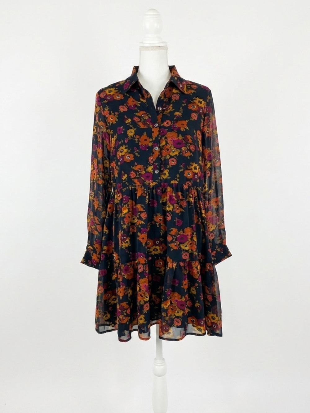 Molly Bracken Tiered Poppy Chiffon Shirtdress Size M Dark Academia Whimsigoth